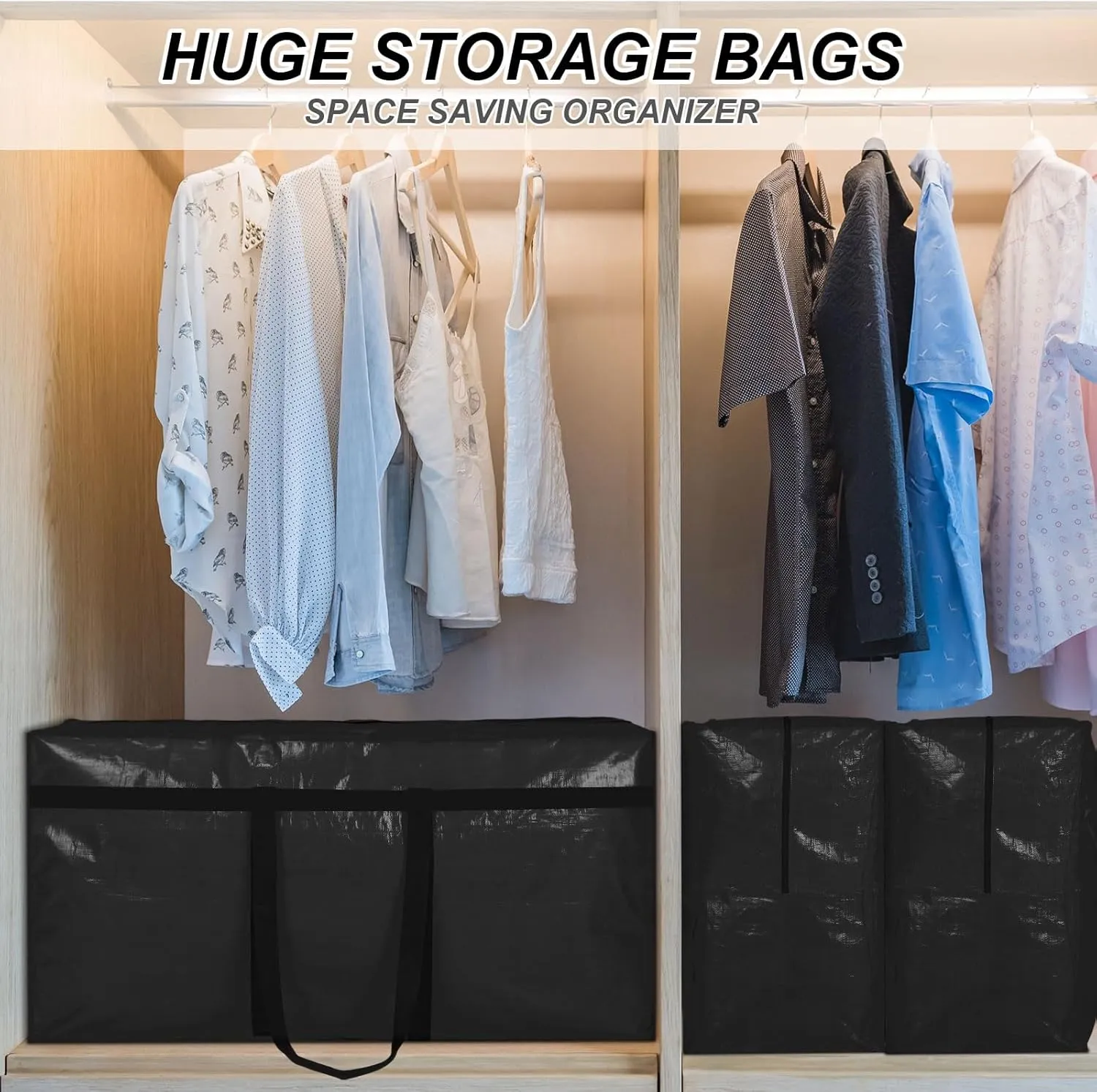 Windyun 4 Pcs Extra Large Storage Bags XL Storage Bags Heavy Duty Moving Totes Moving Boxes for College Foldable Duffle Totes for Travel Clothes Bedding Supplies(98 Gallon,Black)