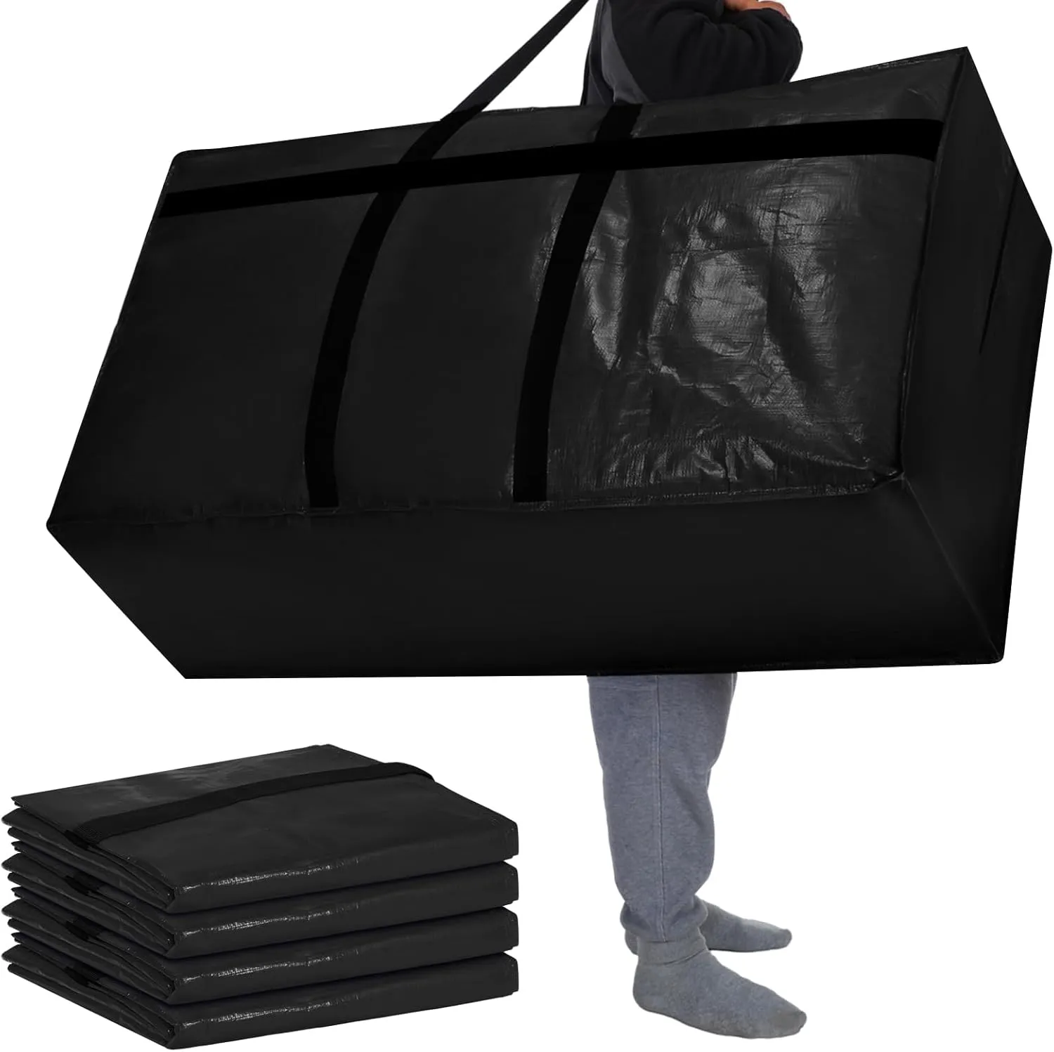 Windyun 4 Pcs Extra Large Storage Bags XL Storage Bags Heavy Duty Moving Totes Moving Boxes for College Foldable Duffle Totes for Travel Clothes Bedding Supplies(98 Gallon,Black)