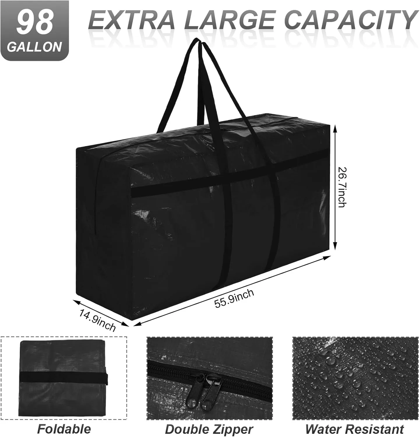 Windyun 4 Pcs Extra Large Storage Bags XL Storage Bags Heavy Duty Moving Totes Moving Boxes for College Foldable Duffle Totes for Travel Clothes Bedding Supplies(98 Gallon,Black)