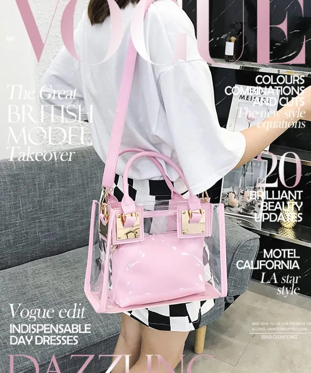 Women Fashion 2Pcs Clear Tote Handbag Transparent PVC Summer Jelly Bag Cute Shoulder Crossbody Bag