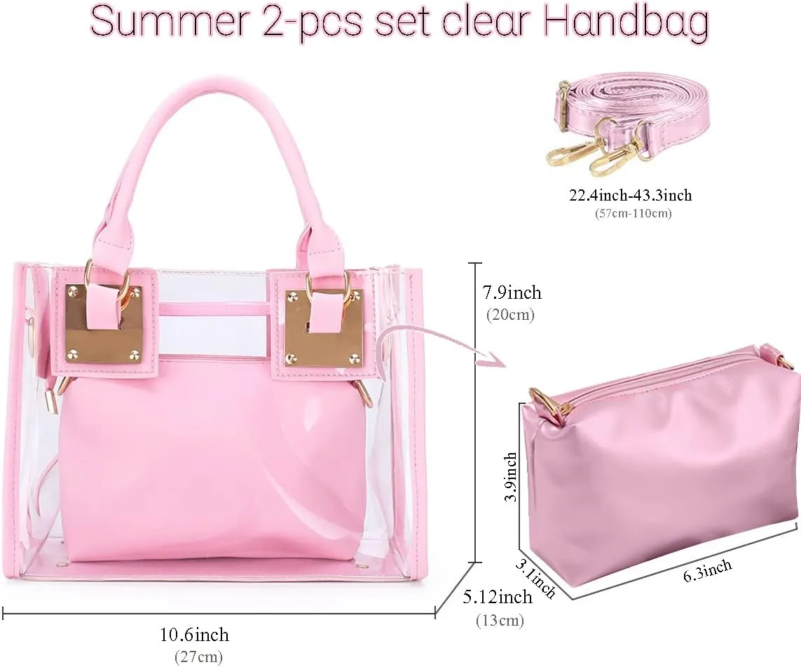 Women Fashion 2Pcs Clear Tote Handbag Transparent PVC Summer Jelly Bag Cute Shoulder Crossbody Bag