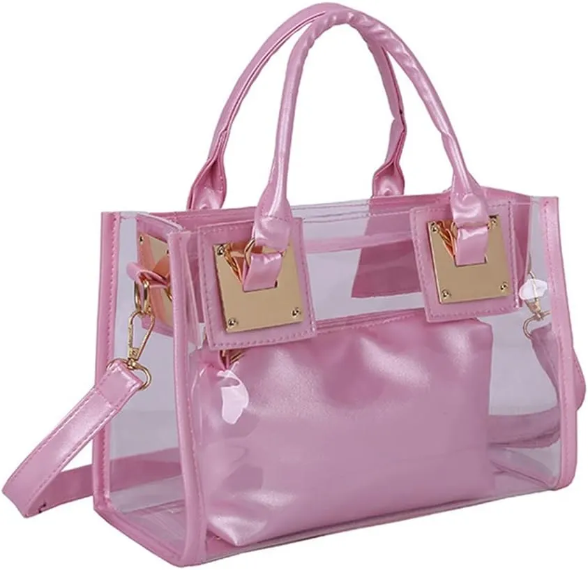 Women Fashion 2Pcs Clear Tote Handbag Transparent PVC Summer Jelly Bag Cute Shoulder Crossbody Bag