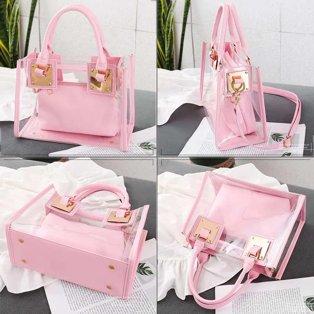 Women Fashion 2Pcs Clear Tote Handbag Transparent PVC Summer Jelly Bag Cute Shoulder Crossbody Bag