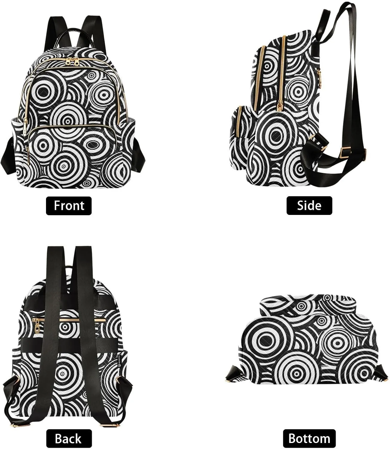 Women Fashion Backpack Purse Black White Concentric Circles Mini Travel Backpack Ladies Shoulder Bag Work Daypack 14L