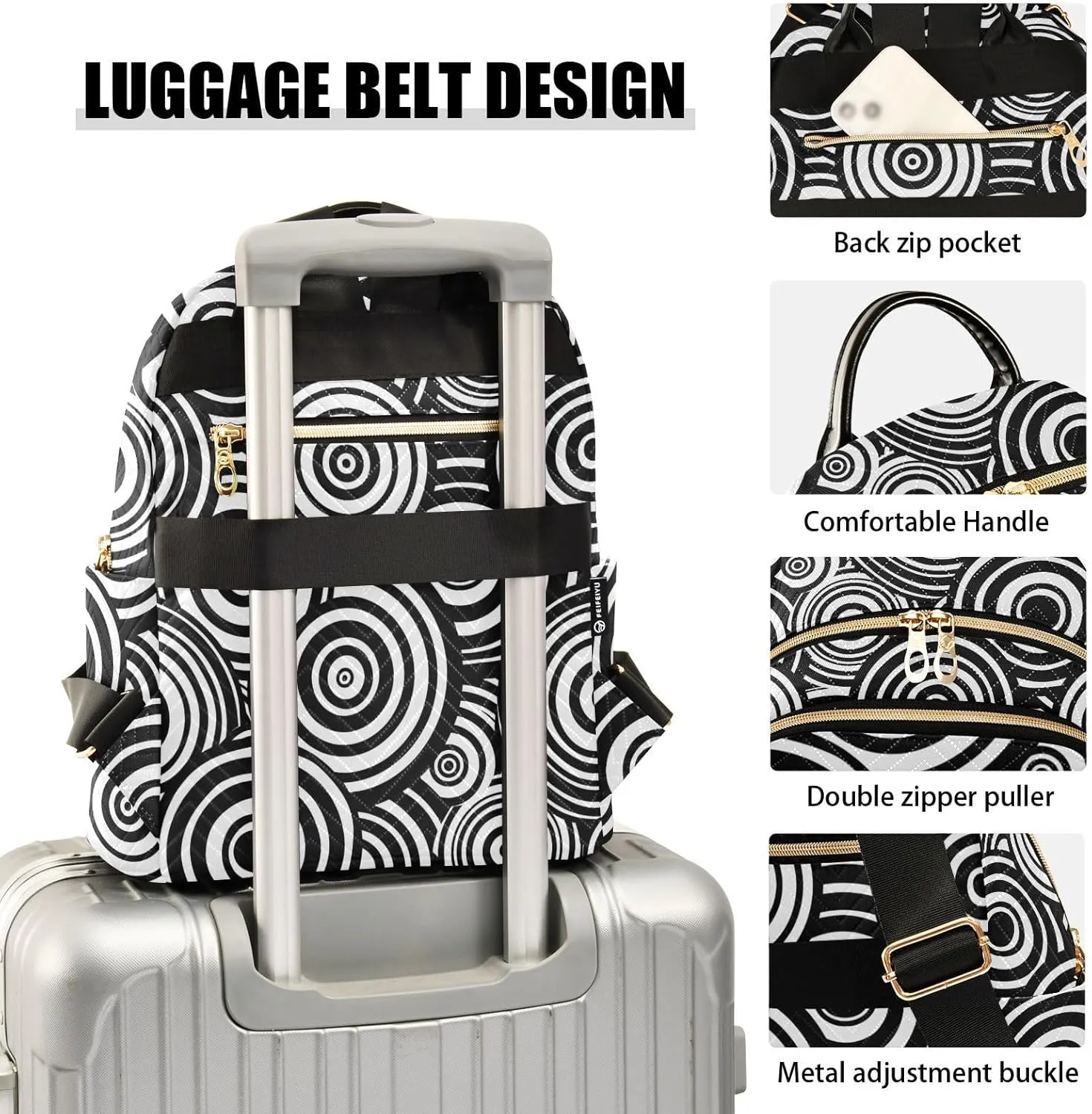 Women Fashion Backpack Purse Black White Concentric Circles Mini Travel Backpack Ladies Shoulder Bag Work Daypack 14L