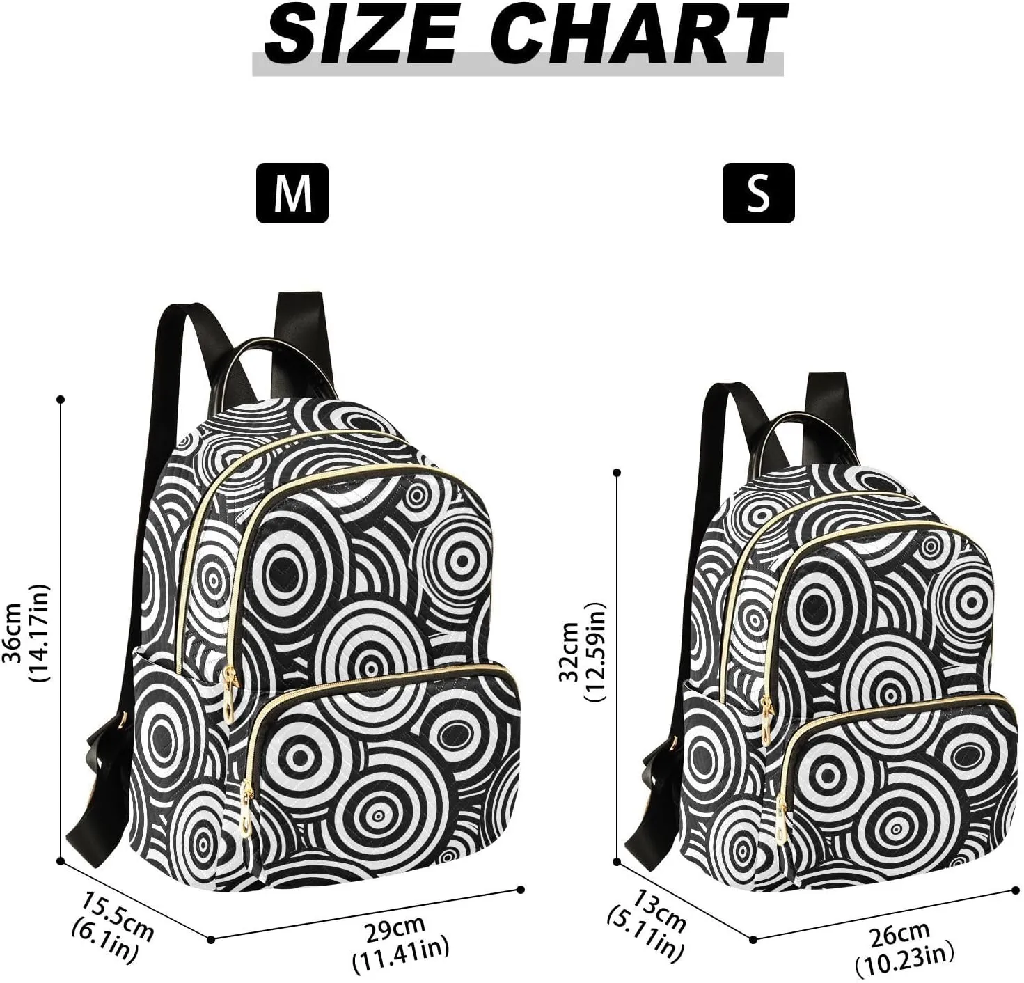 Women Fashion Backpack Purse Black White Concentric Circles Mini Travel Backpack Ladies Shoulder Bag Work Daypack 14L