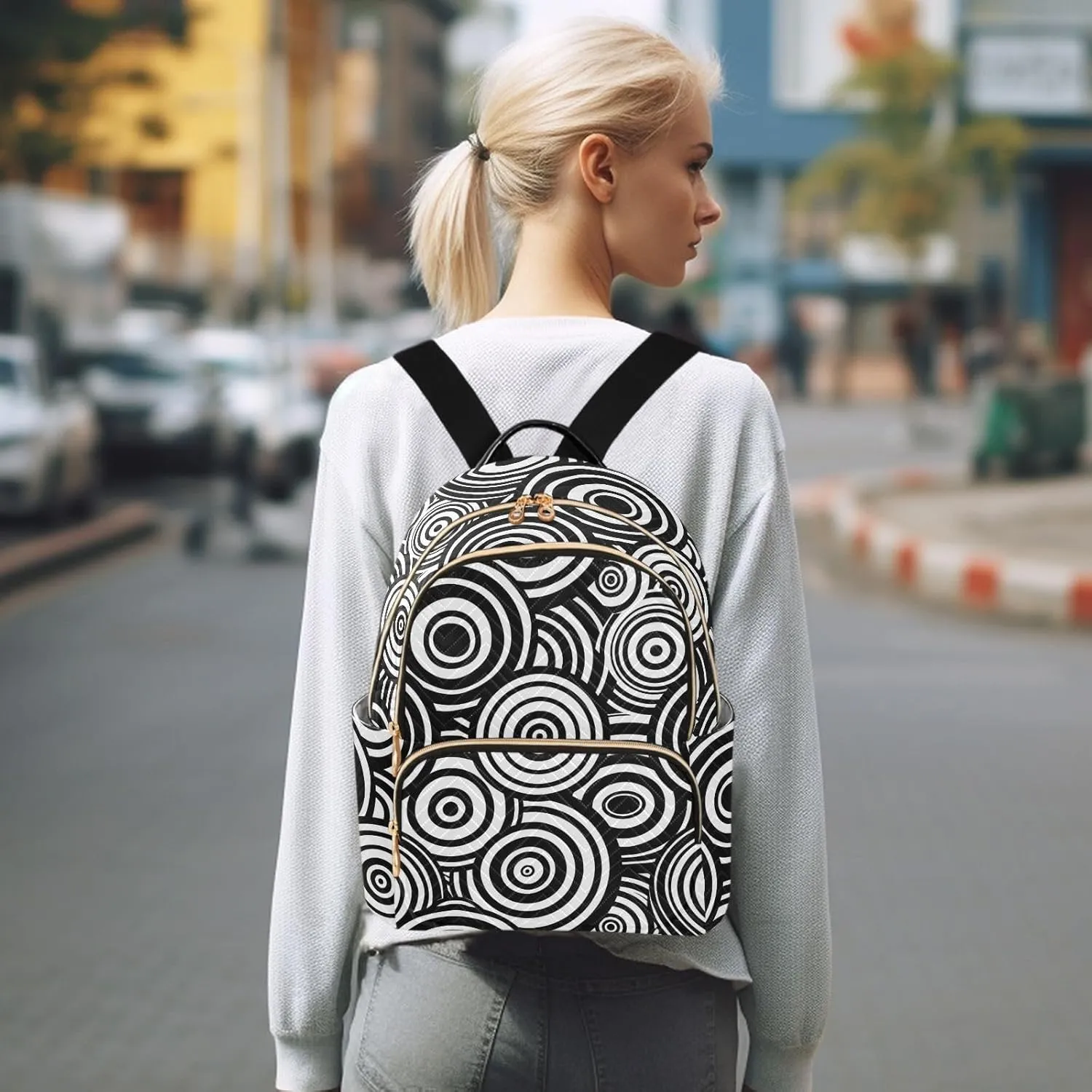 Women Fashion Backpack Purse Black White Concentric Circles Mini Travel Backpack Ladies Shoulder Bag Work Daypack 14L