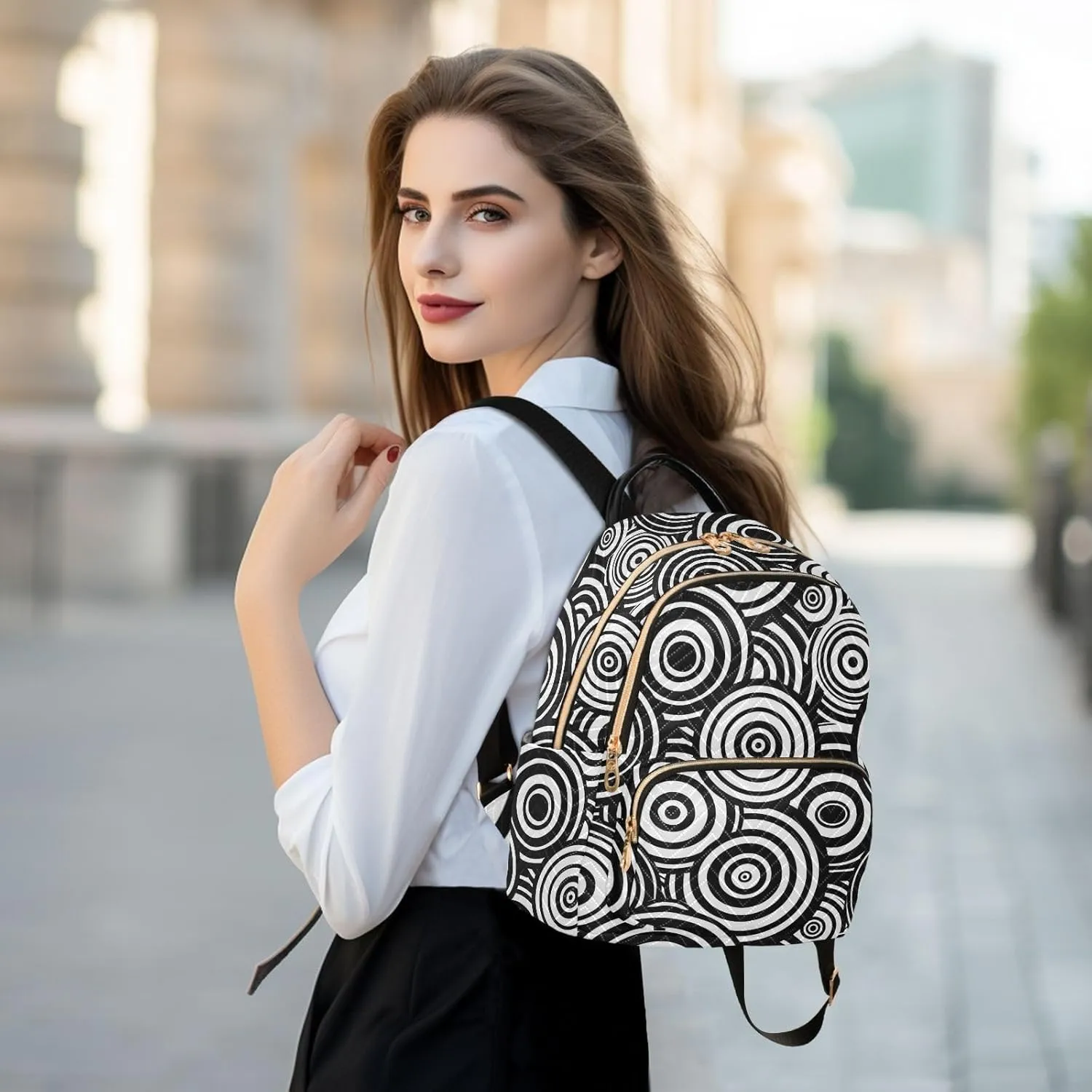 Women Fashion Backpack Purse Black White Concentric Circles Mini Travel Backpack Ladies Shoulder Bag Work Daypack 14L