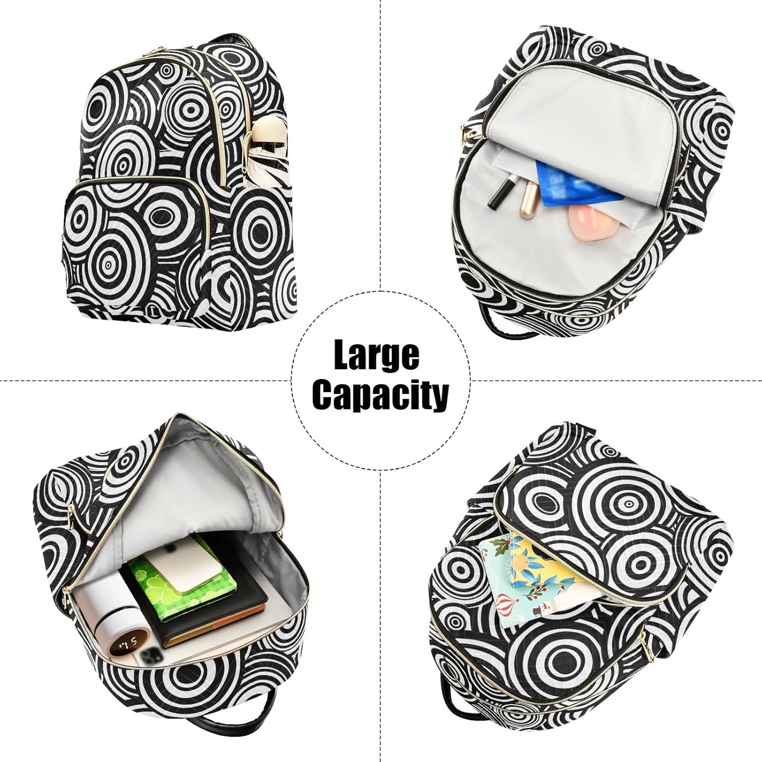 Women Fashion Backpack Purse Black White Concentric Circles Mini Travel Backpack Ladies Shoulder Bag Work Daypack 14L