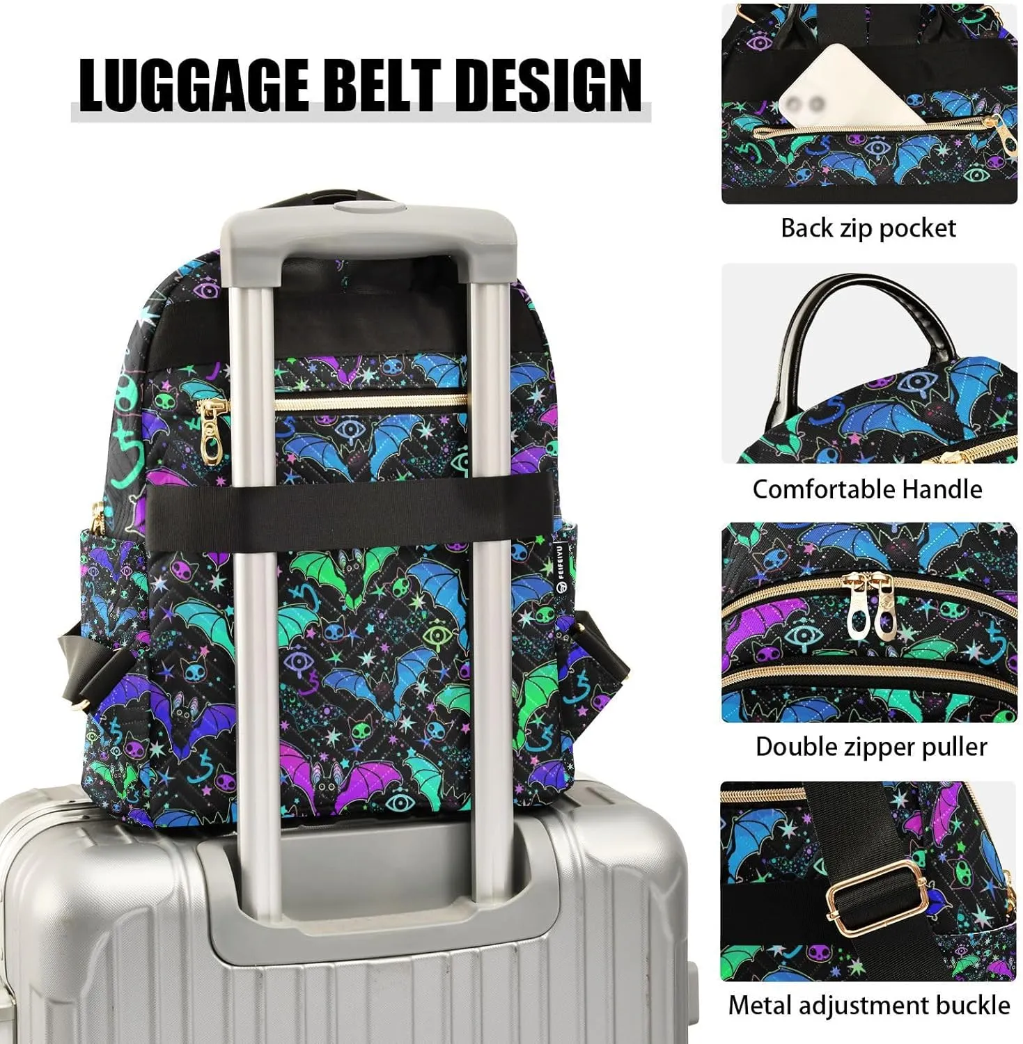 Women Fashion Backpack Purse Casual Lightweight Travel Shoulder Bag Psychedelic Bats Rucksack Ladies Bag, Medium