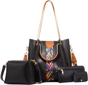 Women Handbags Sets Vegan Leather Purses Color Woven Tape Tote Bags Shoulder Crossbody Top Handle Bag Wallet 4Pcs