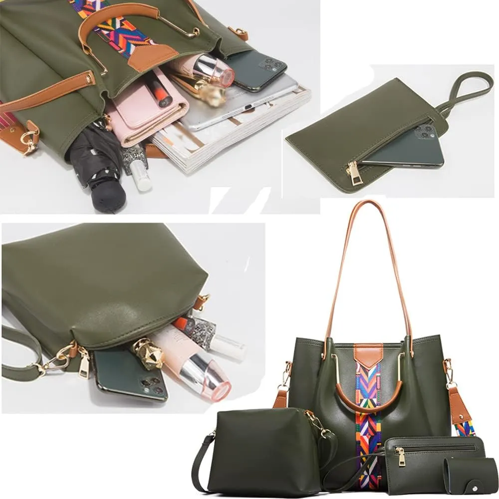 Women Handbags Sets Vegan Leather Purses Color Woven Tape Tote Bags Shoulder Crossbody Top Handle Bag Wallet 4Pcs