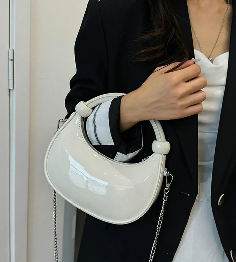 Women Knotted Top Handle Bag with Chain Glossy Handbags for Women 2025 Trending Crossbody Bag Crescent Purse Shoulder Clutch