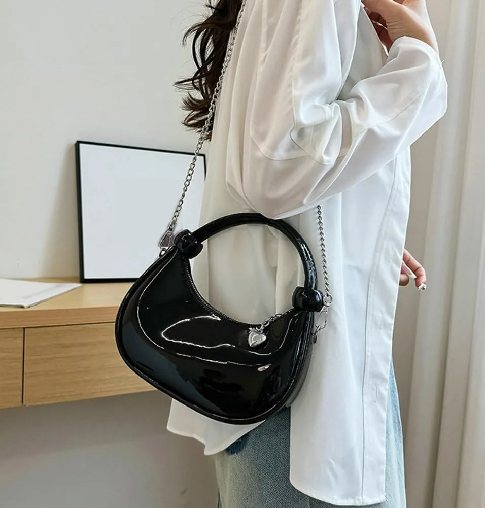 Women Knotted Top Handle Bag with Chain Glossy Handbags for Women 2025 Trending Crossbody Bag Crescent Purse Shoulder Clutch