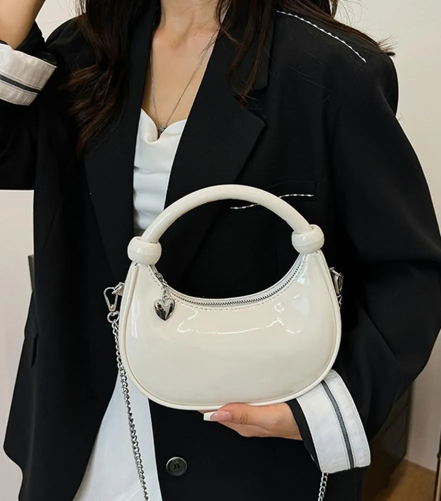 Women Knotted Top Handle Bag with Chain Glossy Handbags for Women 2025 Trending Crossbody Bag Crescent Purse Shoulder Clutch