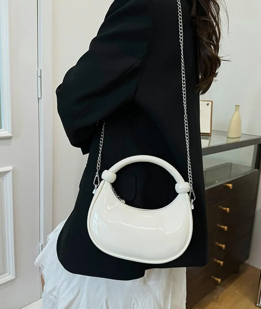 Women Knotted Top Handle Bag with Chain Glossy Handbags for Women 2025 Trending Crossbody Bag Crescent Purse Shoulder Clutch