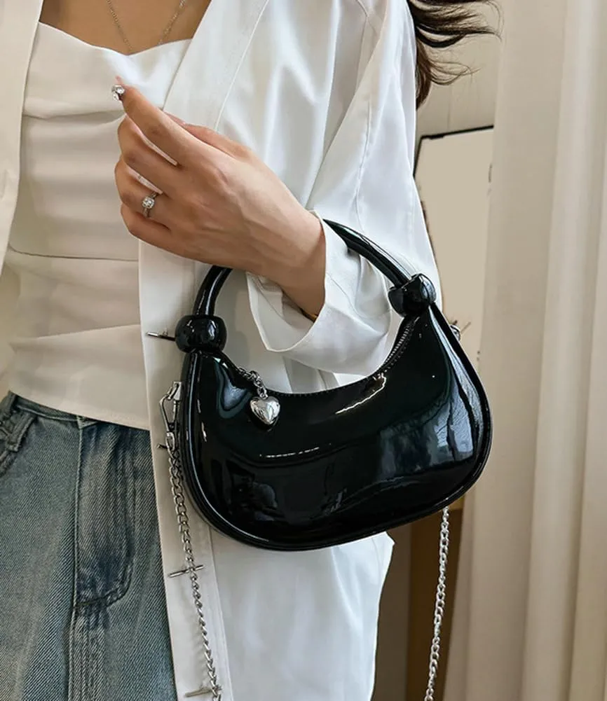 Women Knotted Top Handle Bag with Chain Glossy Handbags for Women 2025 Trending Crossbody Bag Crescent Purse Shoulder Clutch