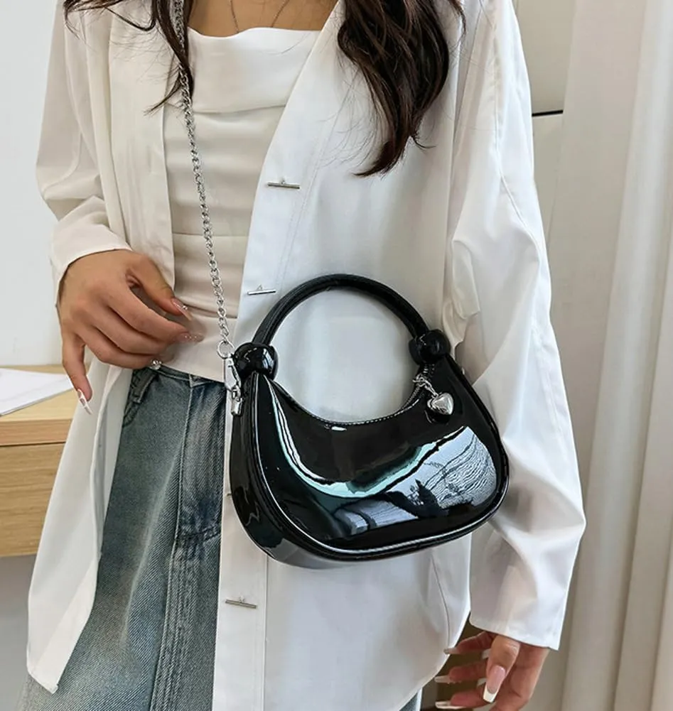 Women Knotted Top Handle Bag with Chain Glossy Handbags for Women 2025 Trending Crossbody Bag Crescent Purse Shoulder Clutch