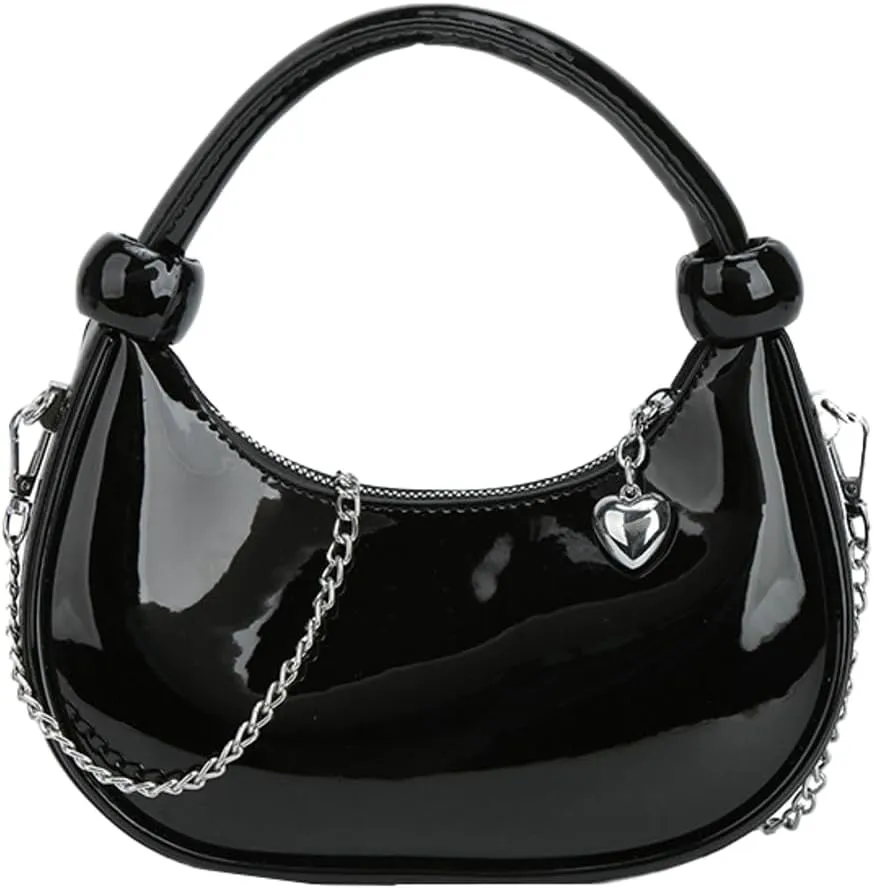 Women Knotted Top Handle Bag with Chain Glossy Handbags for Women 2025 Trending Crossbody Bag Crescent Purse Shoulder Clutch