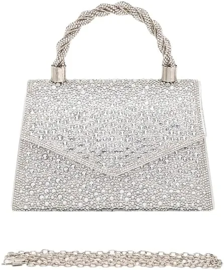 Women Luxury Rhinestone Top Handle Clutch Bag – Elegant Evening Handbag with Shoulder Chain for Weddings, Parties