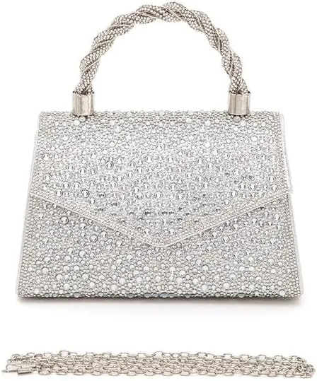Women Luxury Rhinestone Top Handle Clutch Bag – Elegant Evening Handbag with Shoulder Chain for Weddings, Parties