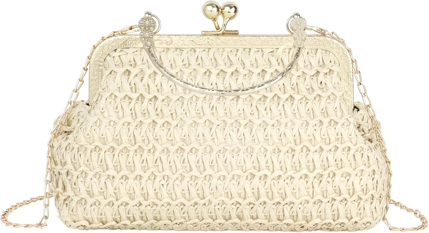 Women Mini Straw Woven Clutch Handbag Metal Top-handle Bag Cross-body Bag with Chain Strap