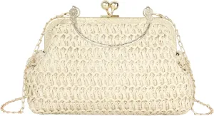 Women Mini Straw Woven Clutch Handbag Metal Top-handle Bag Cross-body Bag with Chain Strap