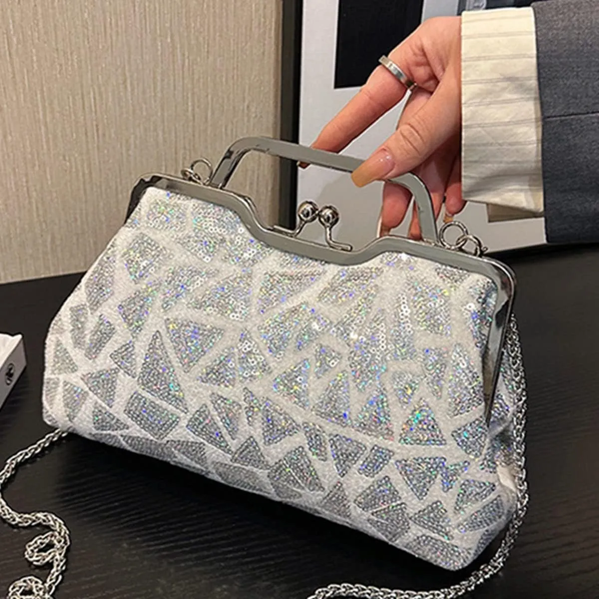 Women Sequins Evening Handbag Glitter Top Handle Purse Chain Cross-body Bag