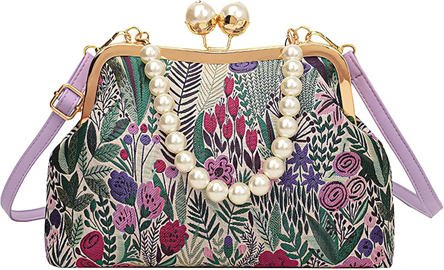 Women Vintage Floral Embroidered Top Handle Handbag Kiss Lock Elegant Clutch Purse Small Pearl Crossbody Bag