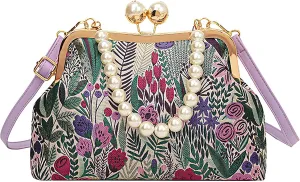 Women Vintage Floral Embroidered Top Handle Handbag Kiss Lock Elegant Clutch Purse Small Pearl Crossbody Bag