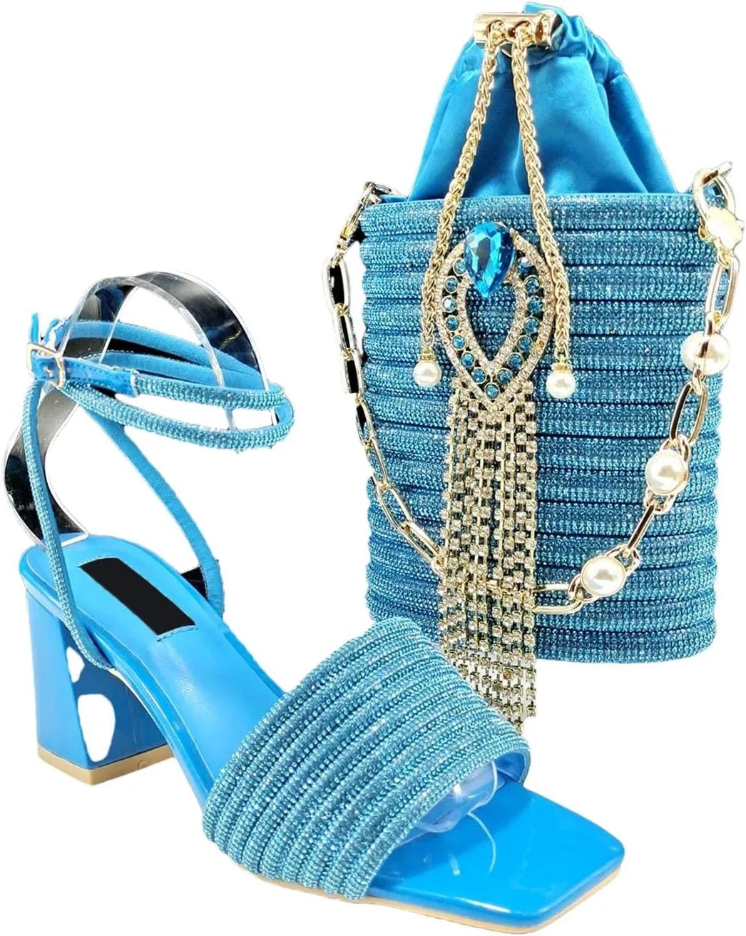 Women's Black-Gold Nigerian Set - Square-Toe Crystal Pumps & Hammered Metal Clutch for Luxury Parties