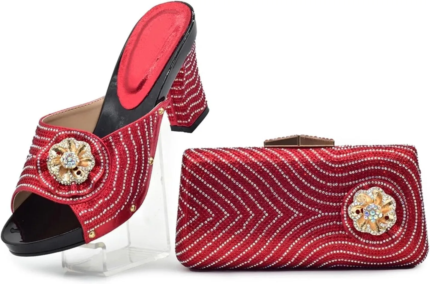 Women's Bold Red Nigerian-Italian Set - Italian Patent Leather Stilettos & Matching Lacquer Clutch for Dramatic Evening Looks