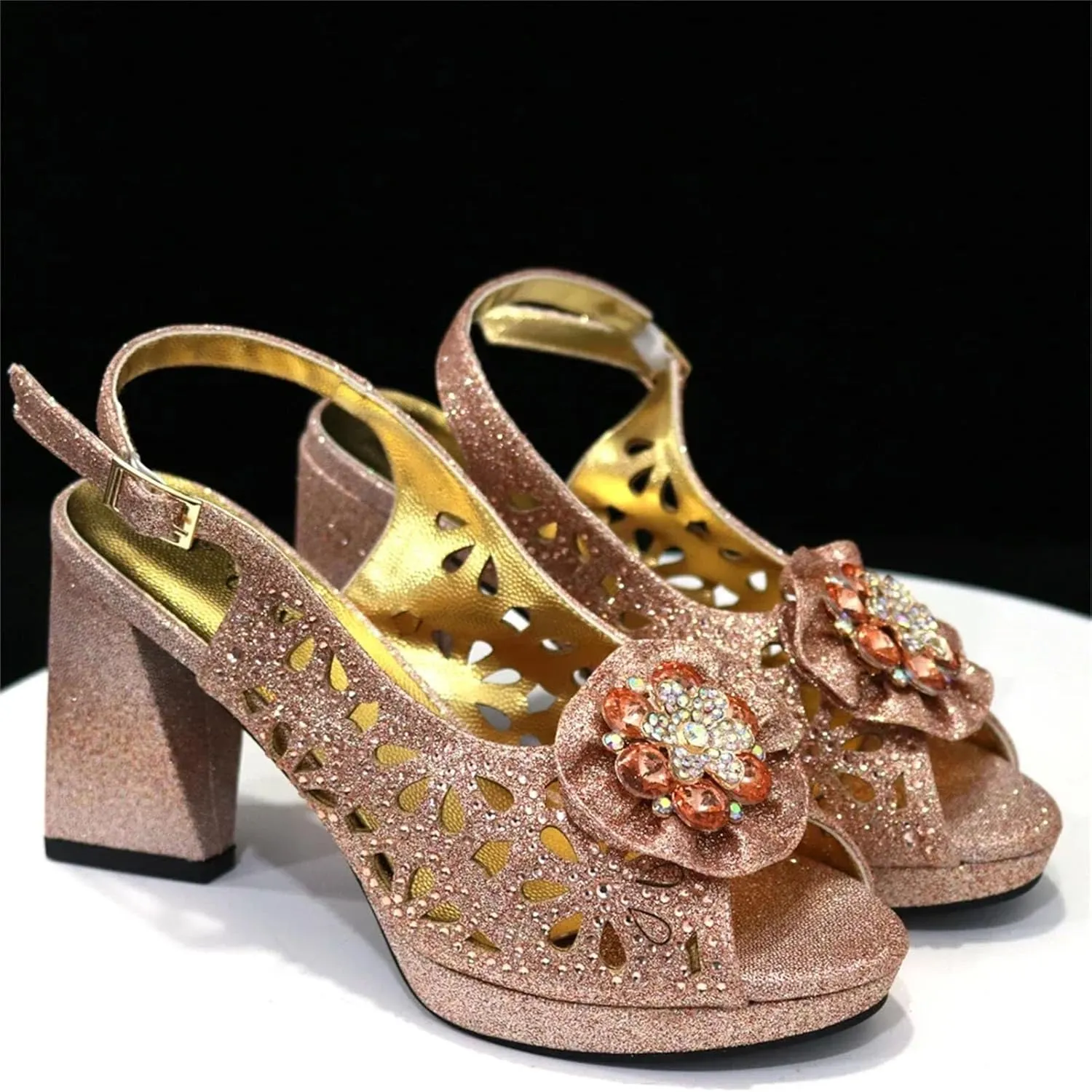 Women's Champagne Floral Bridal Set - Open-Toe Rhinestone Sandals & Lace Clutch for Garden Weddings