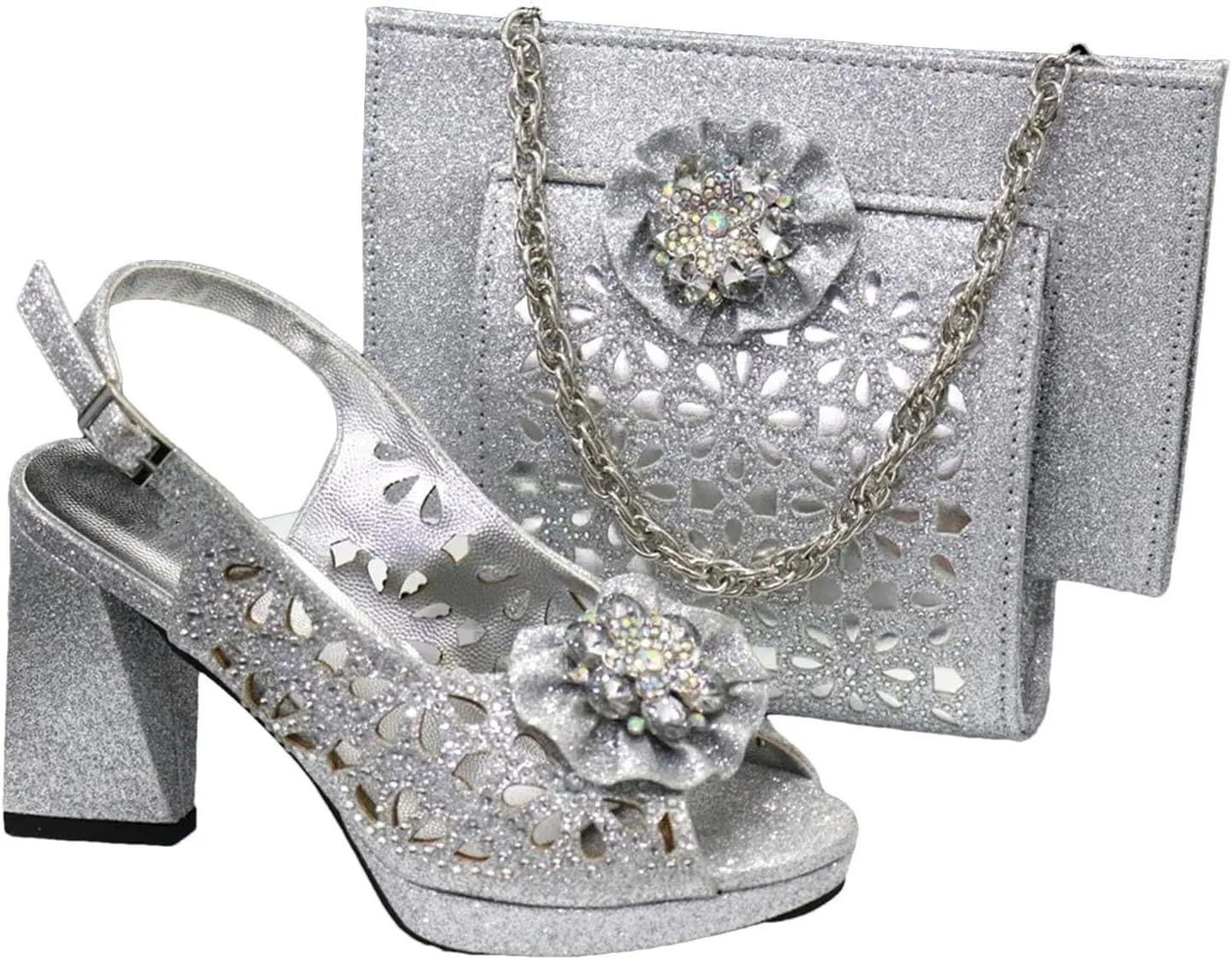 Women's Champagne Floral Bridal Set - Open-Toe Rhinestone Sandals & Lace Clutch for Garden Weddings