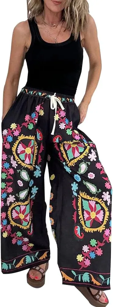 Womens Floral Print Elastic Waist Baggy Jeans Wide Leg Boyfriend Denim Boho Pants Flower Street Casual Pants