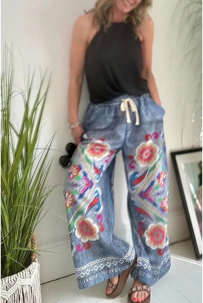 Womens Floral Print Elastic Waist Baggy Jeans Wide Leg Boyfriend Denim Boho Pants Flower Street Casual Pants