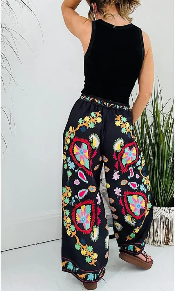 Womens Floral Print Elastic Waist Baggy Jeans Wide Leg Boyfriend Denim Boho Pants Flower Street Casual Pants
