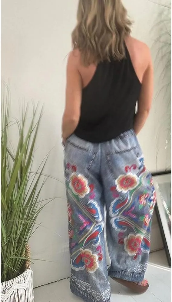 Womens Floral Print Elastic Waist Baggy Jeans Wide Leg Boyfriend Denim Boho Pants Flower Street Casual Pants
