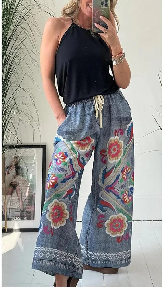 Womens Floral Print Elastic Waist Baggy Jeans Wide Leg Boyfriend Denim Boho Pants Flower Street Casual Pants