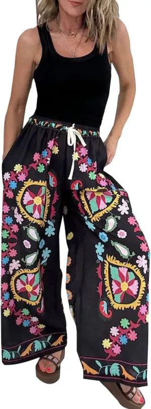 Womens Floral Print Elastic Waist Baggy Jeans Wide Leg Boyfriend Denim Boho Pants Flower Street Casual Pants