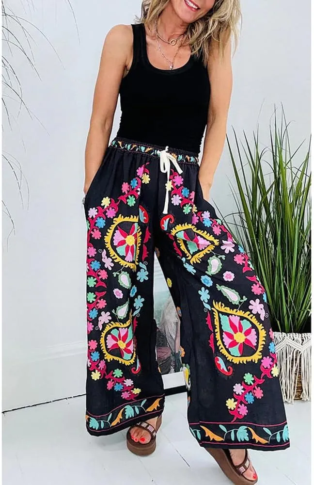 Womens Floral Print Elastic Waist Baggy Jeans Wide Leg Boyfriend Denim Boho Pants Flower Street Casual Pants
