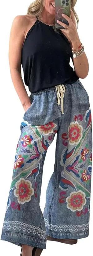 Womens Floral Print Elastic Waist Baggy Jeans Wide Leg Boyfriend Denim Boho Pants Flower Street Casual Pants