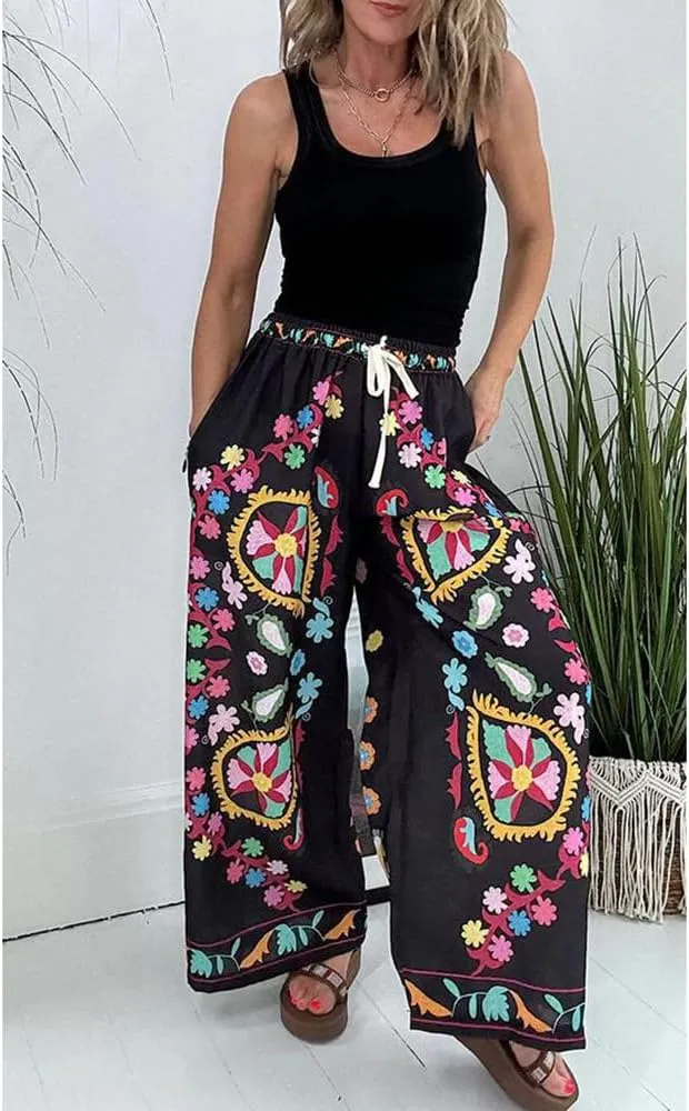 Womens Floral Print Elastic Waist Baggy Jeans Wide Leg Boyfriend Denim Boho Pants Flower Street Casual Pants