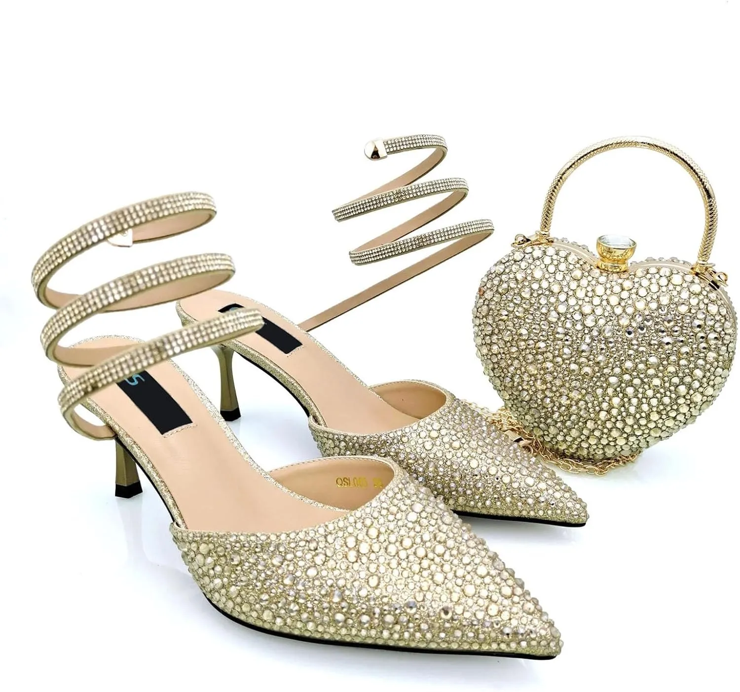 Women's Gold Snake-Wrap Bridal Set - Heart-Shaped Clutch & Mid-Heel Rhinestone Sandals for Nigerian Celebrations