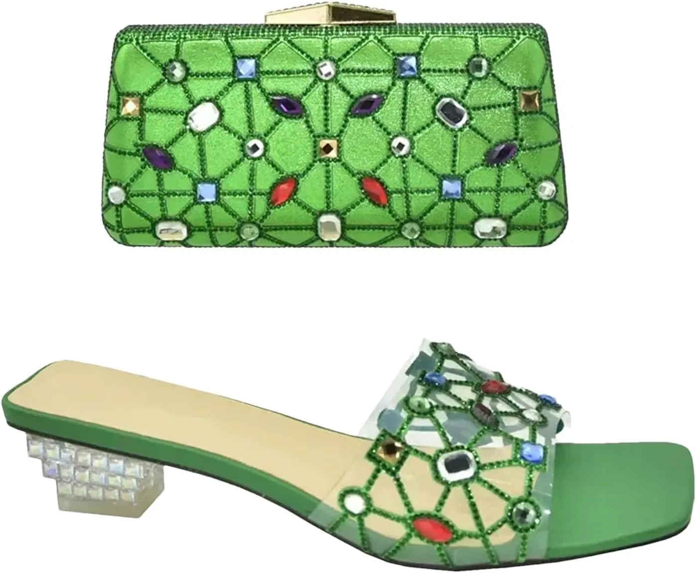 Women's Italian Crystal-Clear Party Set - Transparent PVC Heels with Floating Rhinestone Clutch for Avant-Garde Events