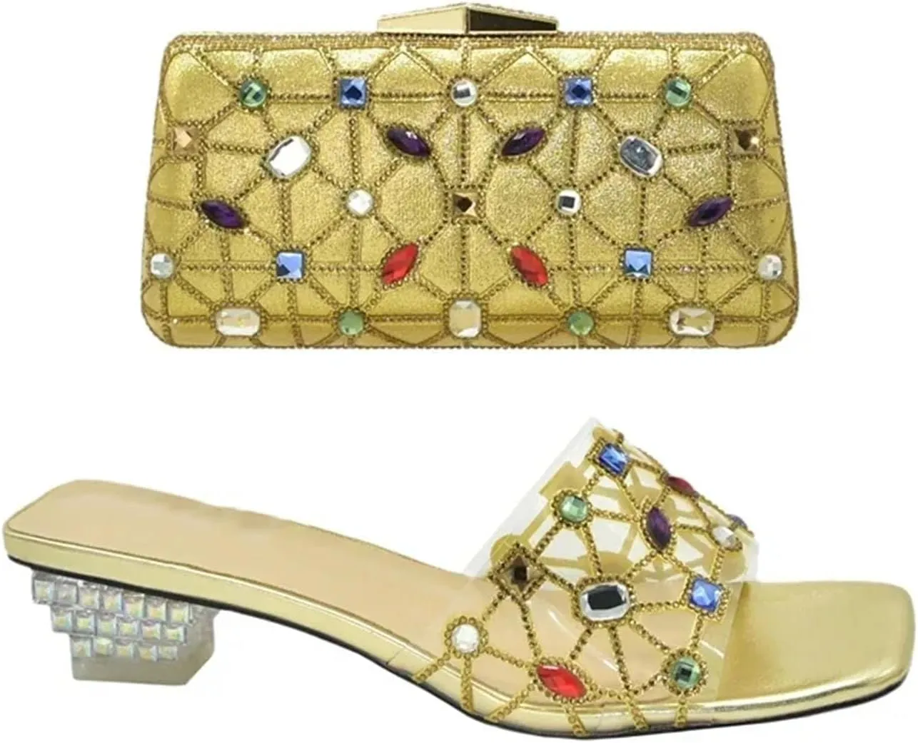 Women's Italian Crystal-Clear Party Set - Transparent PVC Heels with Floating Rhinestone Clutch for Avant-Garde Events