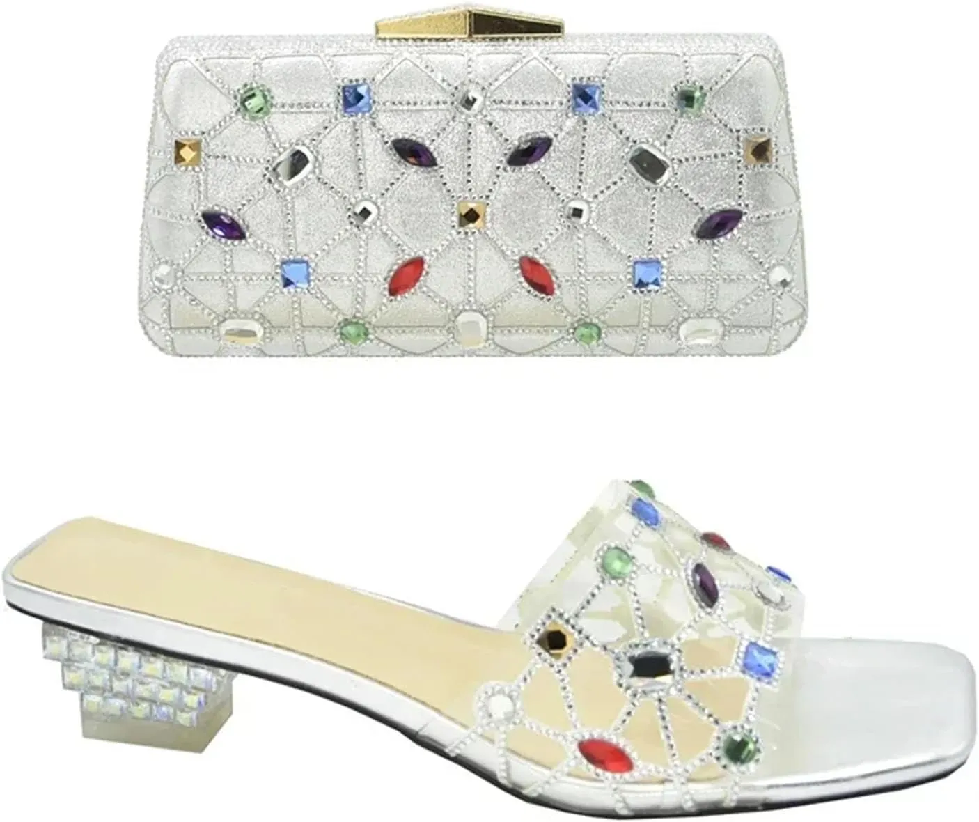 Women's Italian Crystal-Clear Party Set - Transparent PVC Heels with Floating Rhinestone Clutch for Avant-Garde Events