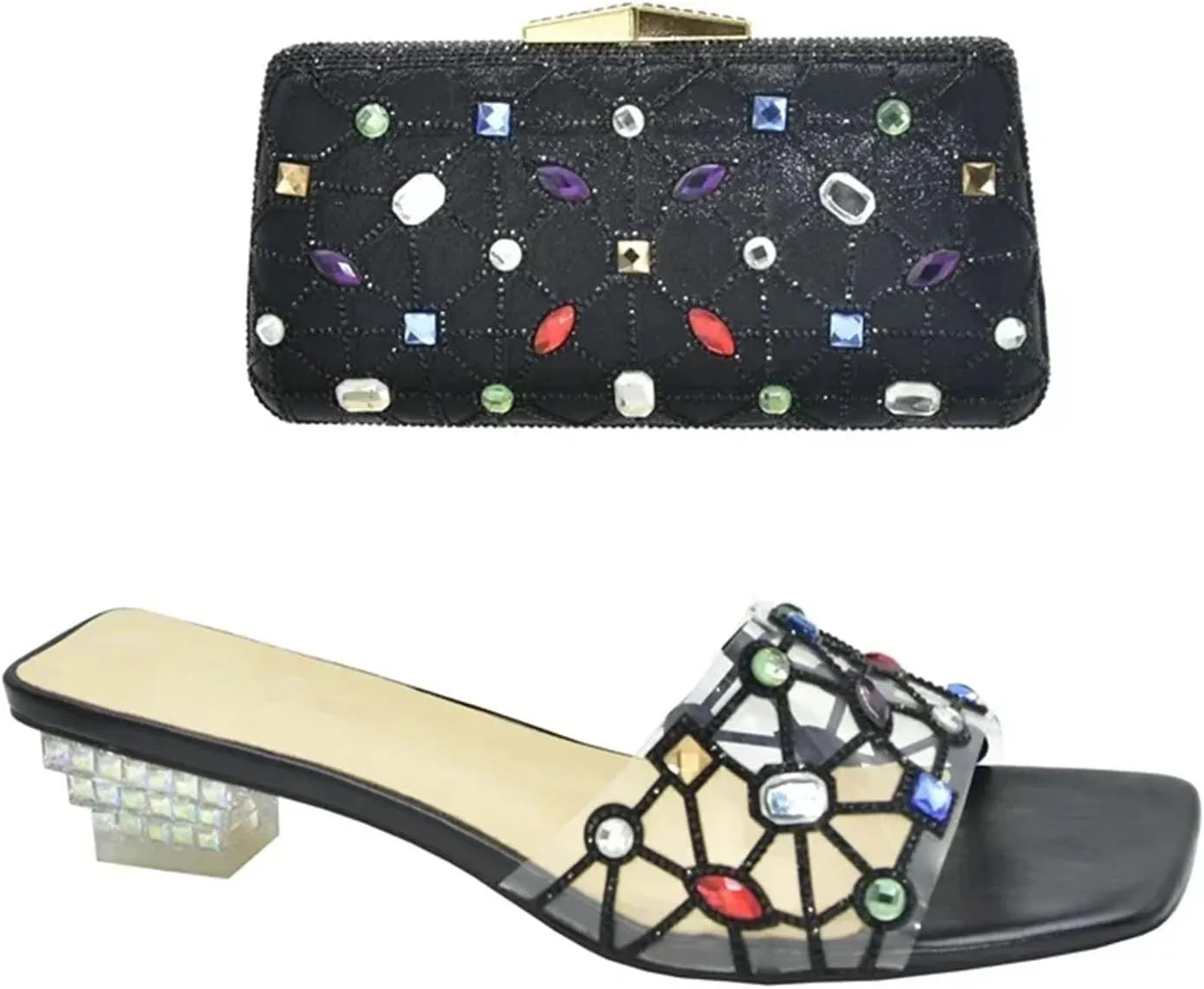 Women's Italian Crystal-Clear Party Set - Transparent PVC Heels with Floating Rhinestone Clutch for Avant-Garde Events