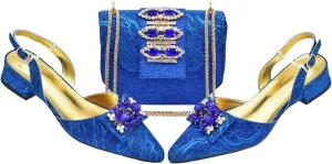 Women's Italian Luxury African Wedding Set - Rhinestone Low Heel Pumps & Designer Bag (Pointed Toe)