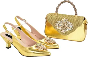 Women's Italian Wedding Shoe & Bag Set - Designer Pointed Toe Party Pumps & Matching Clutch